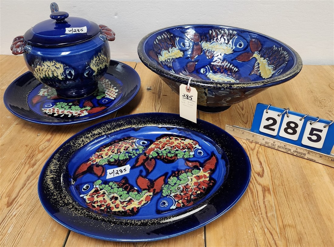 Scott Barnim Sgnd Fish Motif Pottery Bowl 7" H X 17 1/2" Diam., Platter 18" X 14", Covered Tureen: Scott Barnim Sgnd Fish Motif Pottery Bowl 7" H X 17 1/2" Diam., Platter 18" X 14", Covered Tureen w/Ladle 10" H X 11 1/2" Diam. + Liner 2 1/2" H X 16" Diam.