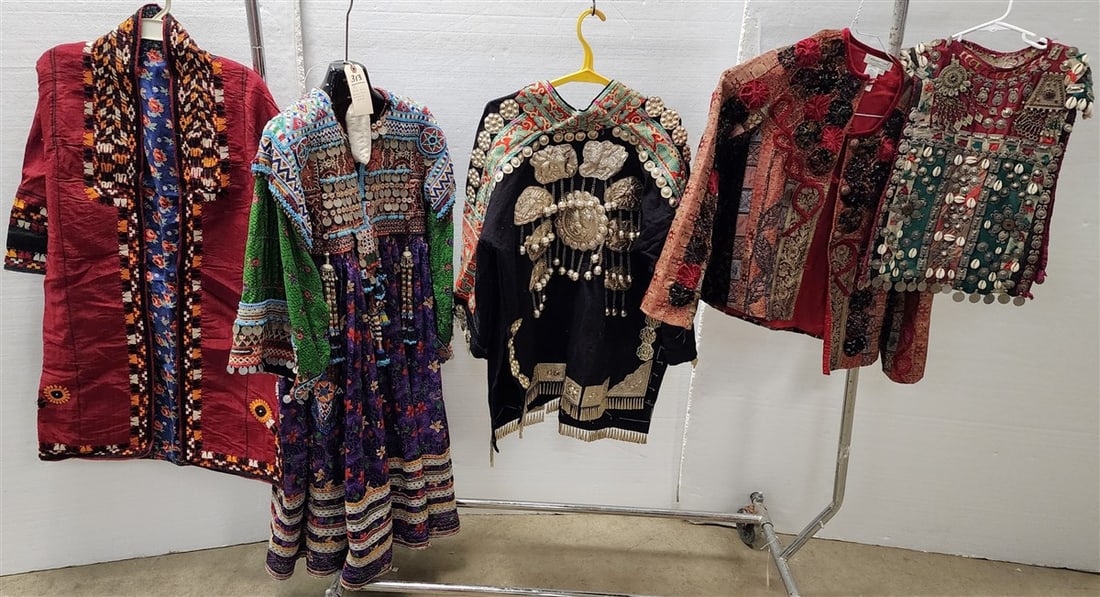 5 Pcs. Clothing - Kuchi Afghan Dress, Kuchi Baby Dress, Chinese Miao Ceremonial Jacket + Another: 5 Pcs. Clothing - Kuchi Afghan Dress, Kuchi Baby Dress, Chinese Miao Ceremonial Jacket + Another Jacket + Embroidered Tunic