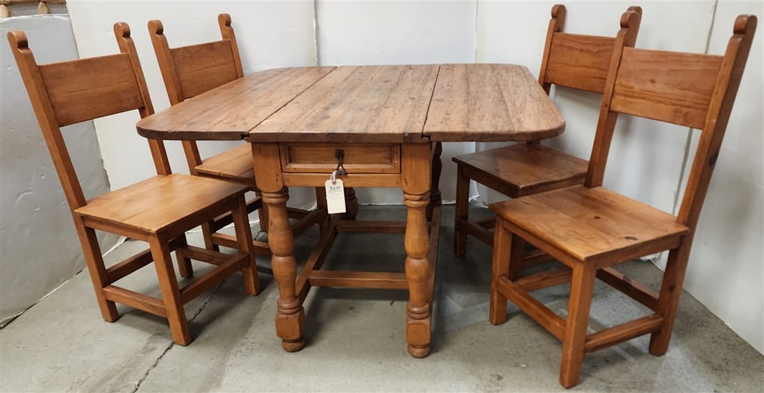 Wormwood 2 Drawer Dropleaf Table 30" H X 47" W X 47" L Open + 4 Chairs (1 of 2)