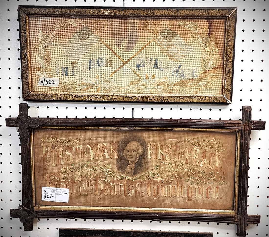 2 Framed Victorian Paper Punch Embroidered Sayings / Motto Samplers Featuring George Washington In (1 of 6)