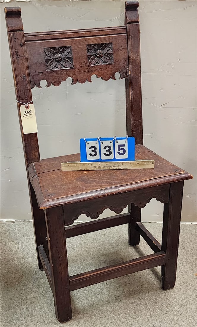 Carved Walnut Side Chair 38" H X 19 1/2" W X 12" D (1 of 2)