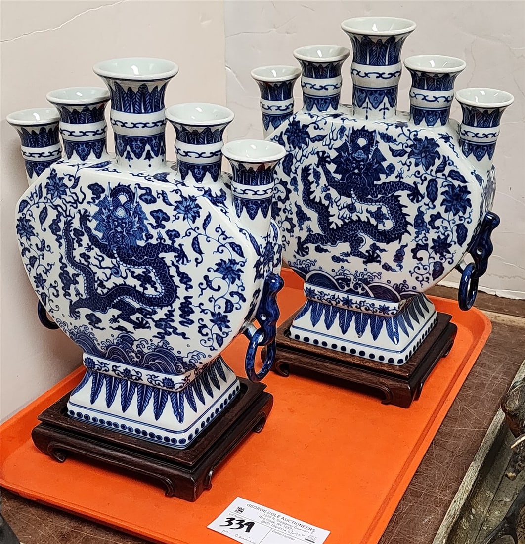 Tray - Pr. Chinese Blue & White Porcelain Tulipiere Vases 11" H X 8" W (1 of 4)