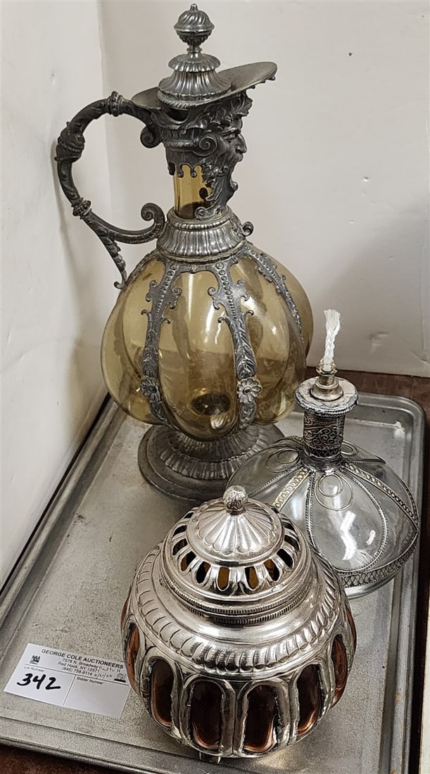 Tray - German Yellow Glass Pewter Mounted Ewer 13 1/2" H + Amber Glass Metal Mounted Covered Jar (1 of 5)