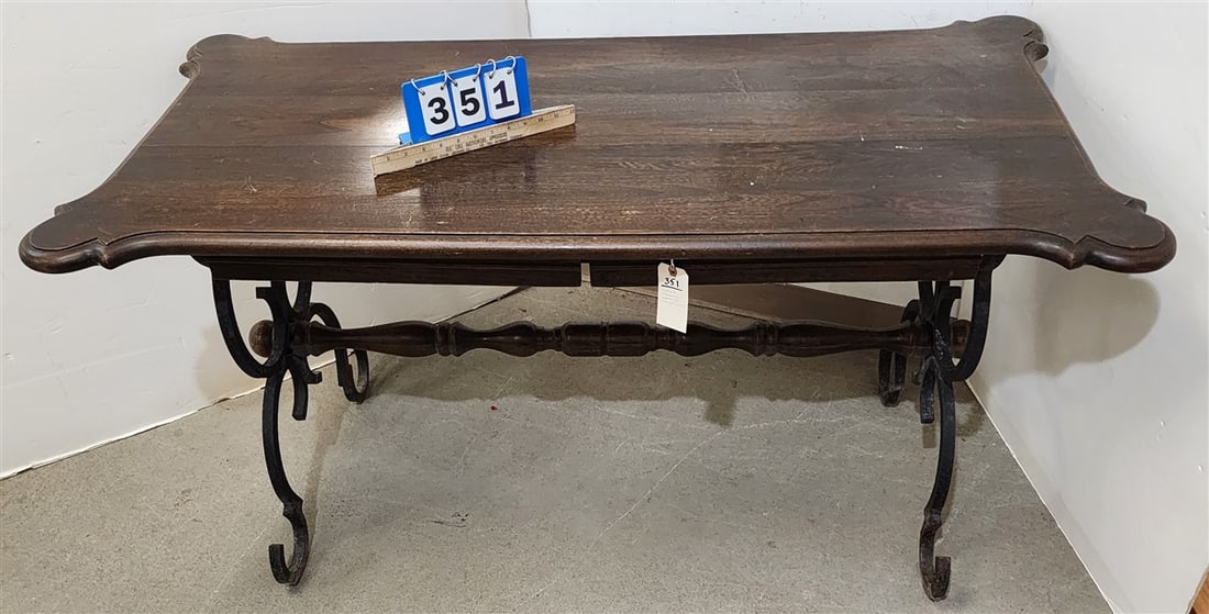 Walnut Topped Wrought Base 2 Drawer Library Table 29" H X 56" W X 29" D (1 of 3)