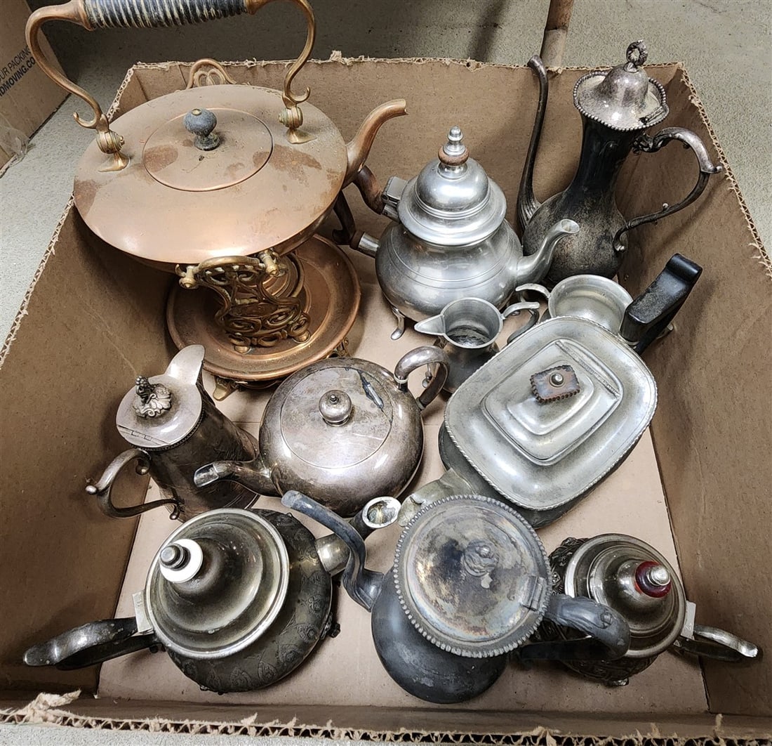 Bx 7 Teapots - Copper, Pewter, Silverplate Etc.: Bx 7 Teapots - Copper, Pewter, Silverplate Etc.