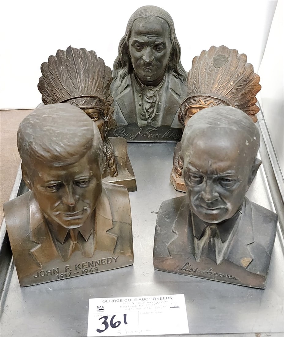 Tray 5 Banthrico Inc. Metal Banks - Ben Franklin, Kennedy, Eisenhower + 2 Indian Chiefs 5 1/2" (1 of 2)