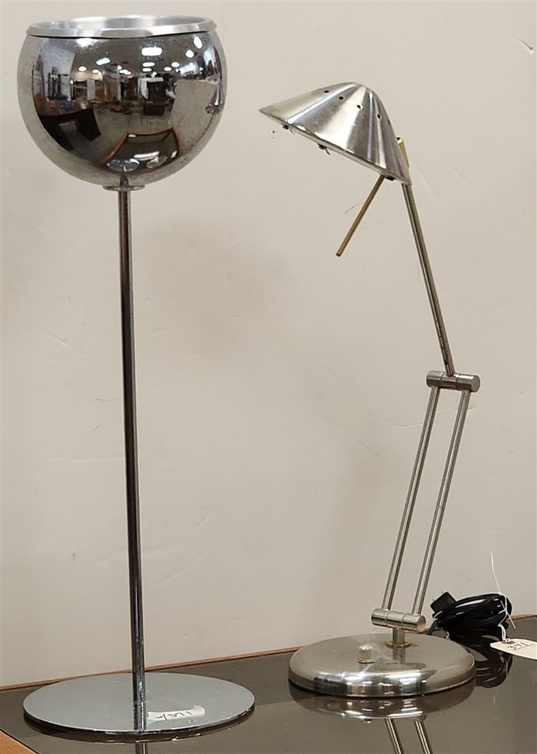 Chrome Ball Standing Ashtray 26 1/2" H X 8" Diam. w/Chrome Tensor Ufo Space Age Saucer Table Lamp: Chrome Ball Standing Ashtray 26 1/2" H X 8" Diam. w/Chrome Tensor Ufo Space Age Saucer Table Lamp