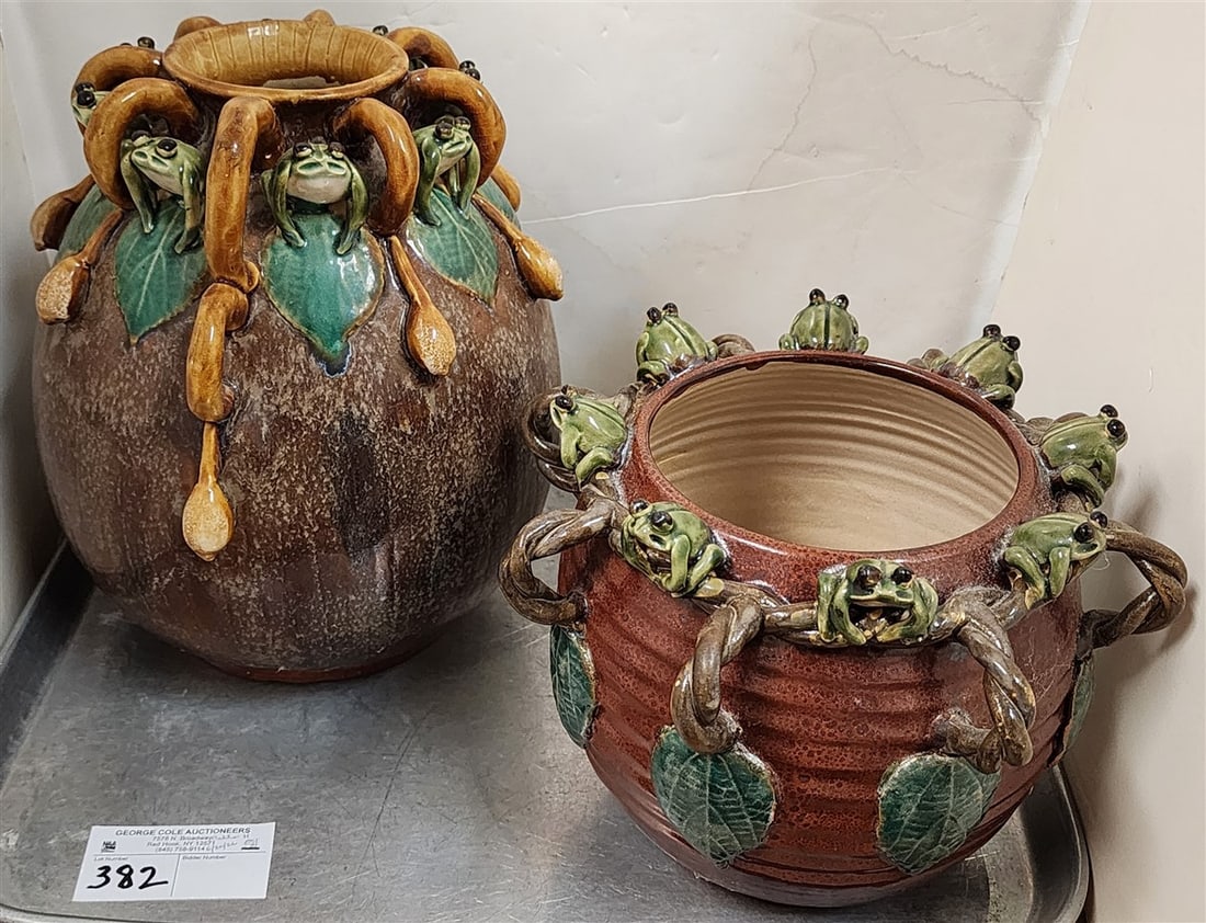 Tray 2 Brown Majolica Style Vases Featuring Applied Green Frogs 11" H X 9 1/2" Diam. + 7 1/2" H X (1 of 3)