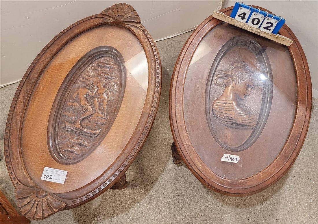 Pr. Walnut High Relief Carved Tray Top Coffee Tables 19" H X 29" L X 19" W + 20" H X 31 1/2" L X 19" (1 of 2)