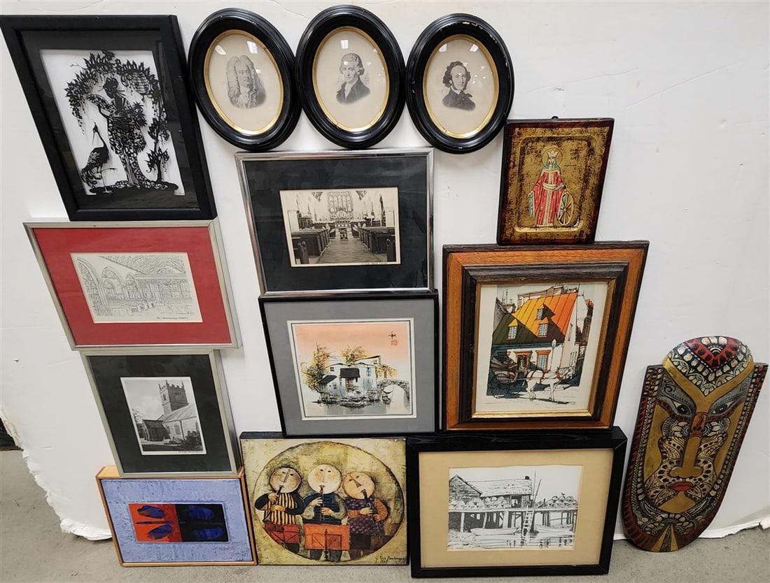 Bx Lot 12 Framed Items - O/C, Japanese Cut Out Silhouette, Photos, Lithos, Etc.: Bx Lot 12 Framed Items - O/C, Japanese Cut Out Silhouette, Photos, Lithos, Etc.