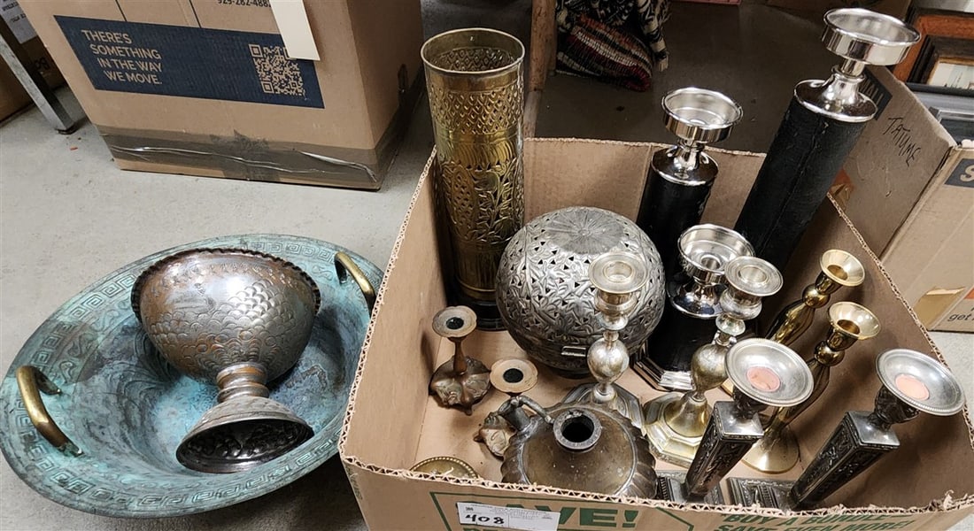 Bx Metal Items - Bronze Chinese Residence Bowl, Candlesticks, Etc.: Bx Metal Items - Bronze Chinese Residence Bowl, Candlesticks, Etc.