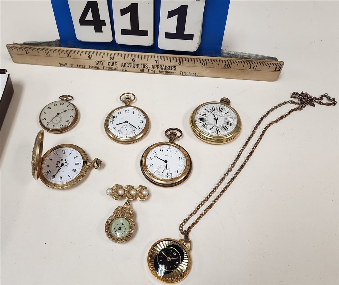 Lot 5 Pocket Watches + 2 Pendant Watches - (2) Waltham, Westclock + Majestron + 2 Ladies Pendant: Lot 5 Pocket Watches + 2 Pendant Watches - (2) Waltham, Westclock + Majestron + 2 Ladies Pendant Watches