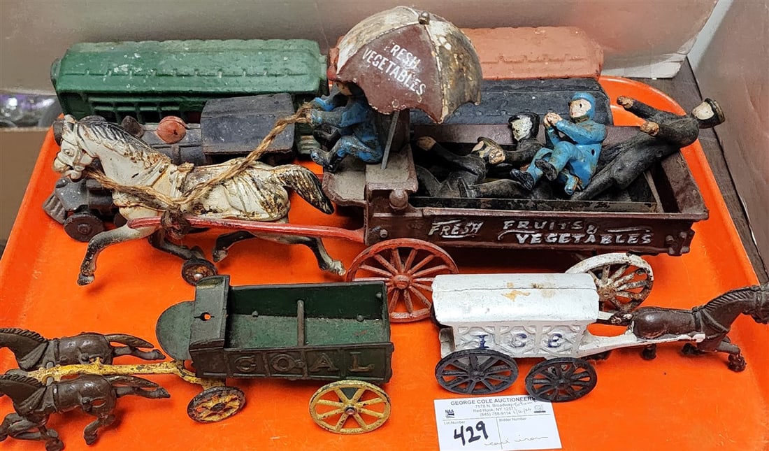 Tray Cast Iron Toys - 4 Pc. Locomotive Set + Horse & Buggie Fruit & Veg Cart + Ice Wagon (1 of 12)