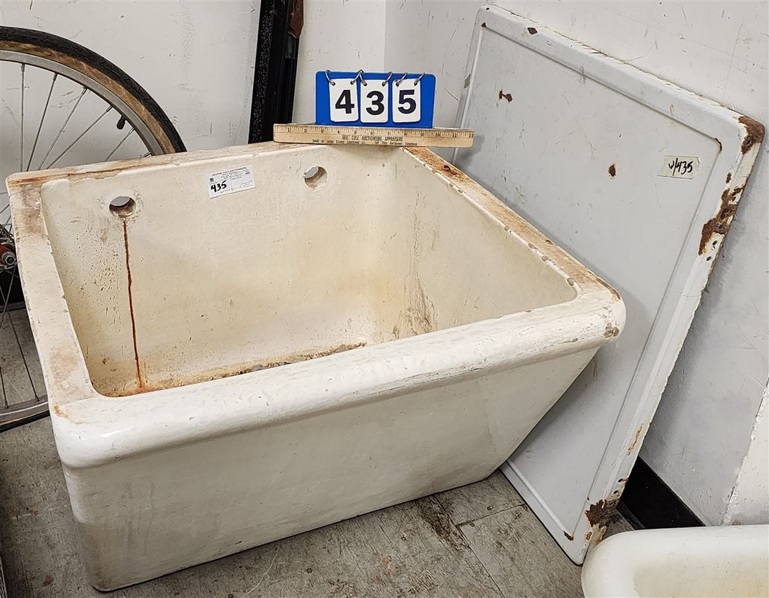 Vintage White Porcelain Slop Sink w/Enamled Metal Cover 16 1/2" H X 24" W X 24" D (1 of 1)