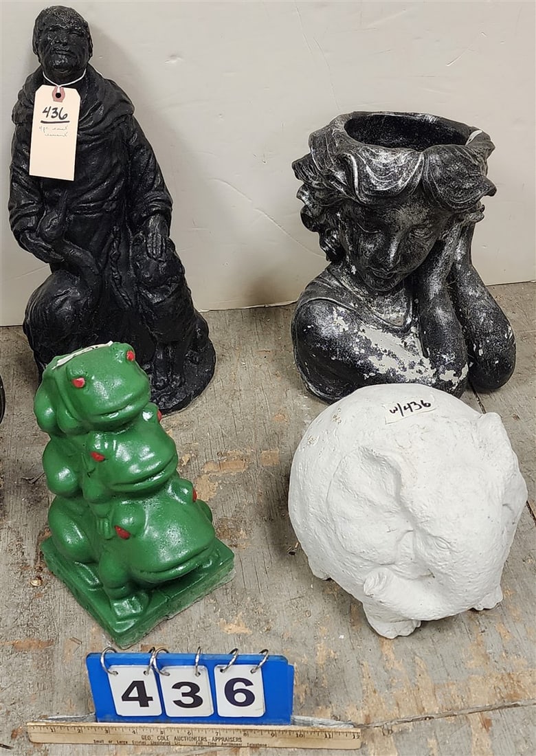 4 Cast Cement Garden Ornaments - St. Francis 19" H, Bust Of Woman Planter 14 1/2" H, Stack Of Frogs: 4 Cast Cement Garden Ornaments - St. Francis 19" H, Bust Of Woman Planter 14 1/2" H, Stack Of Frogs 13 1/2" H + Elephant 9" H