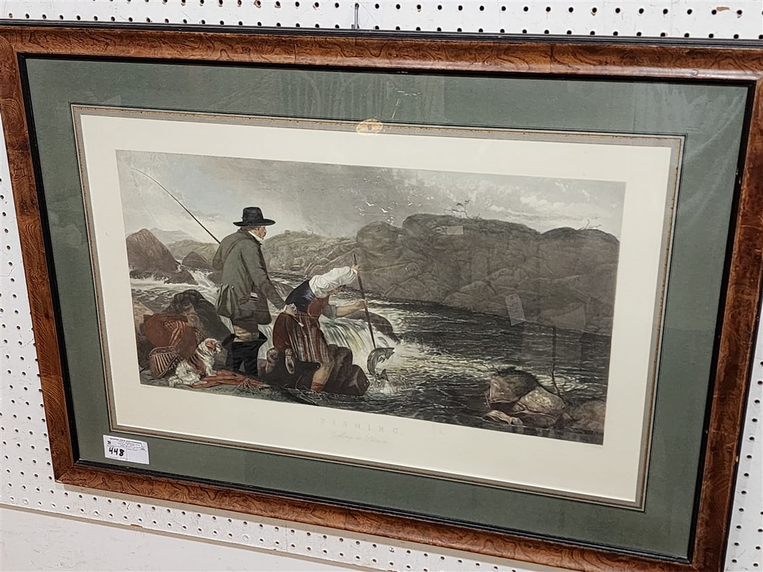 Color Engraving 'Fishing, Guffing A Salmon' 18" X 29" w/Frame 27 1/2" X 38 1/2" (1 of 5)