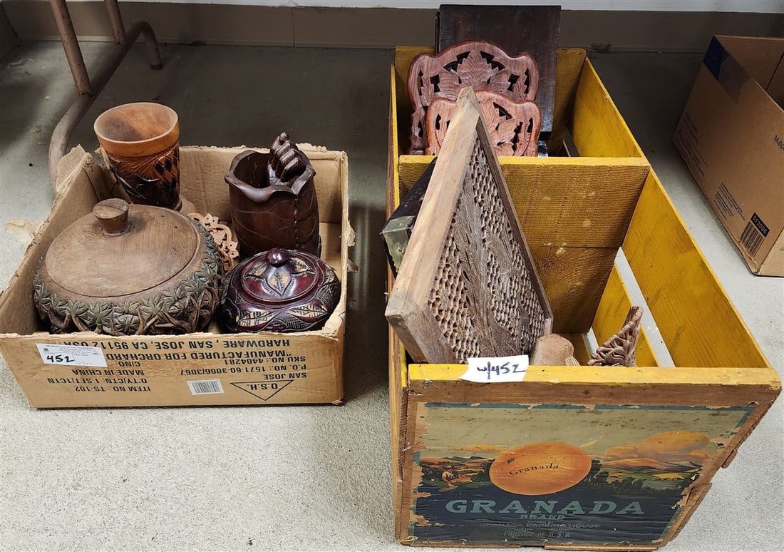 Lot Wood Carved Items - Pr. Thai Figures, Peacock Panel, Bookstands, Covered Jars, Etc. (1 of 5)