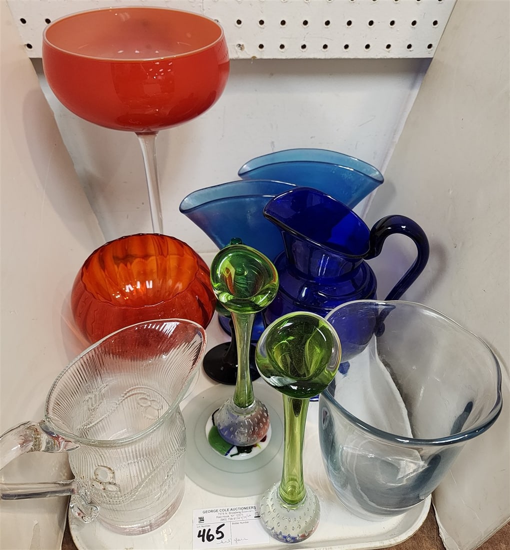 Tray Art Glass - Alrose Italy Compote 15" H X 7' Diam., Cobalt Hand Blown Pitcher 9 1/2", (2) Fenton: Tray Art Glass - Alrose Italy Compote 15" H X 7' Diam., Cobalt Hand Blown Pitcher 9 1/2", (2) Fenton Iridescent Stretch Fan Vases, Etc.