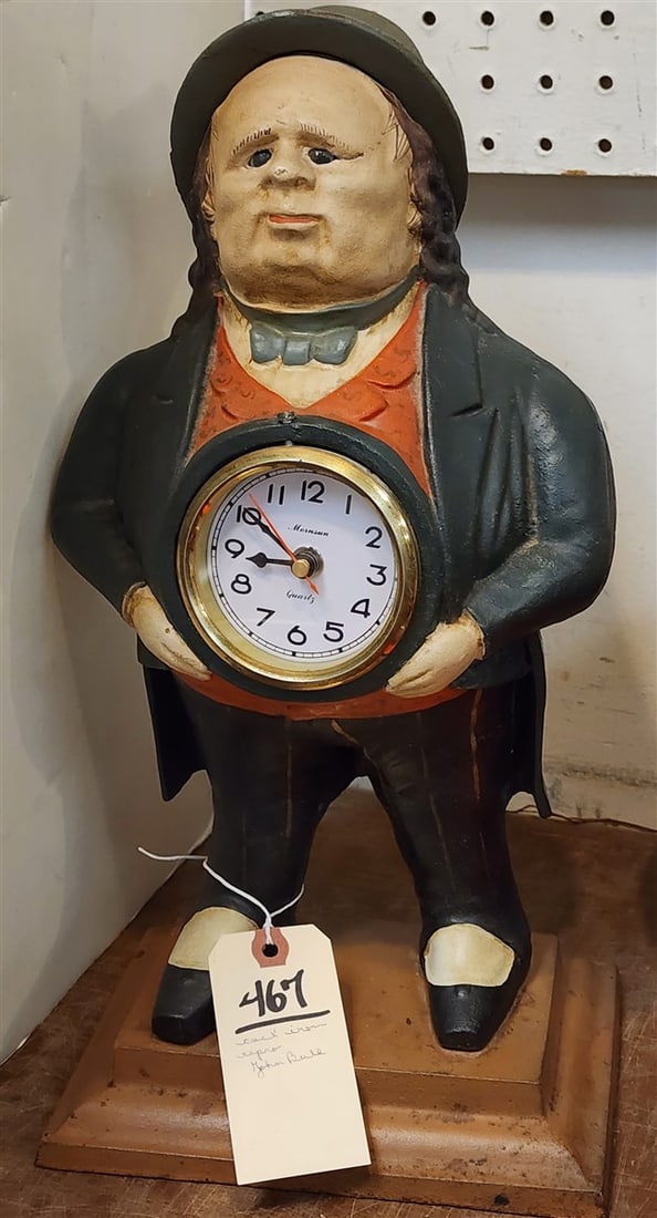Repro Cast Iron John Bull Clock By Mornsun 16" H: Repro Cast Iron John Bull Clock By Mornsun 16" H