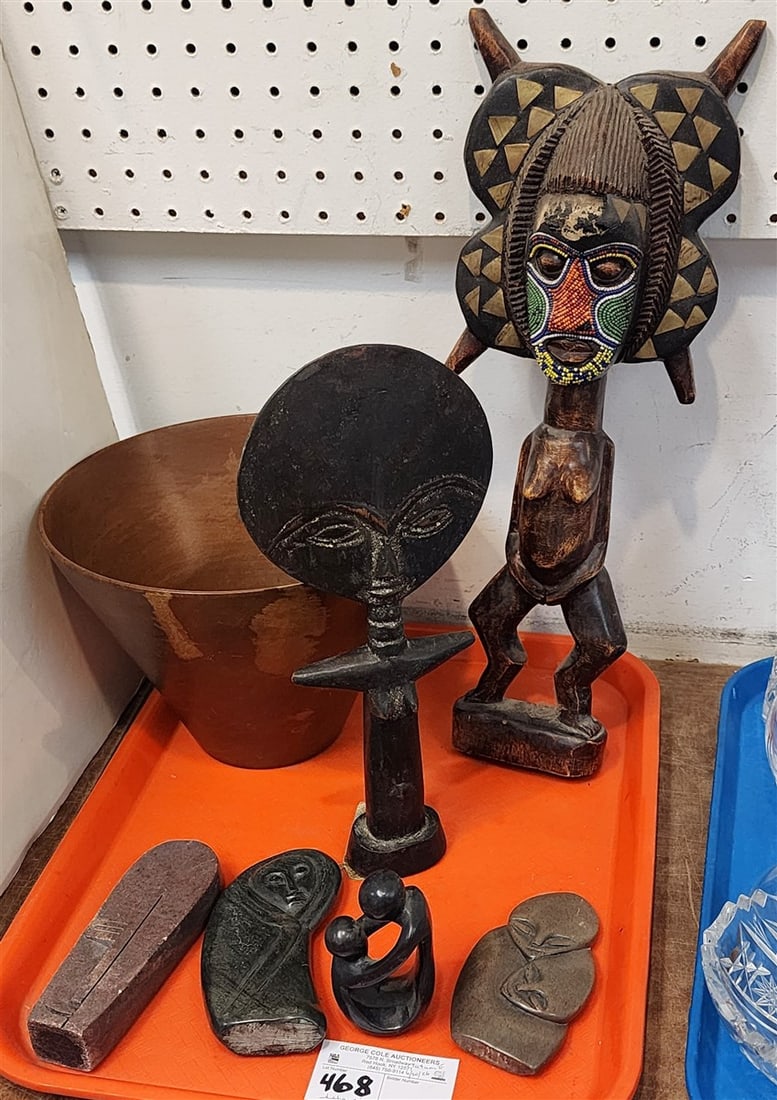 Tray Wooden & Stone Items - Carved Wood Beaded Ashanti Figure 18 1/2" H, Dan Figure 13" H, (4): Tray Wooden & Stone Items - Carved Wood Beaded Ashanti Figure 18 1/2" H, Dan Figure 13" H, (4) Carved Stone Figures + Large Wooden Turned Bowl 7" H X 10 1/4" Diam.