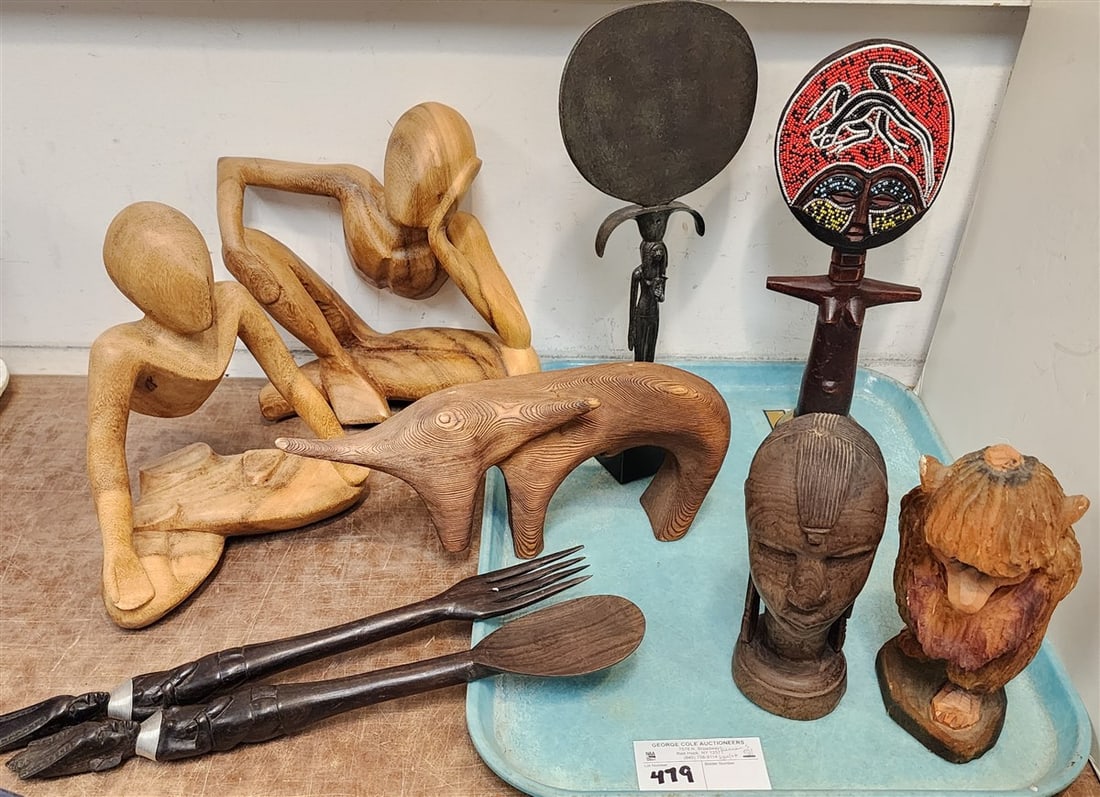 Tray Carved Wooden Figures - African Dan, Egyptian, Etc. (1 of 2)