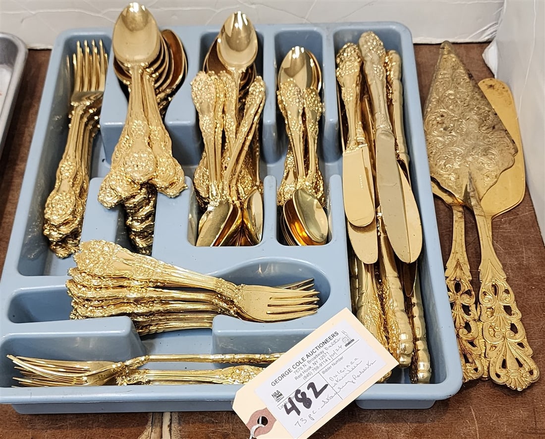73 Pc.Stanley Roberts 'Dulcinea' Gilt Stainless Flatware + 4 Other Serving Pcs. (1 of 2)