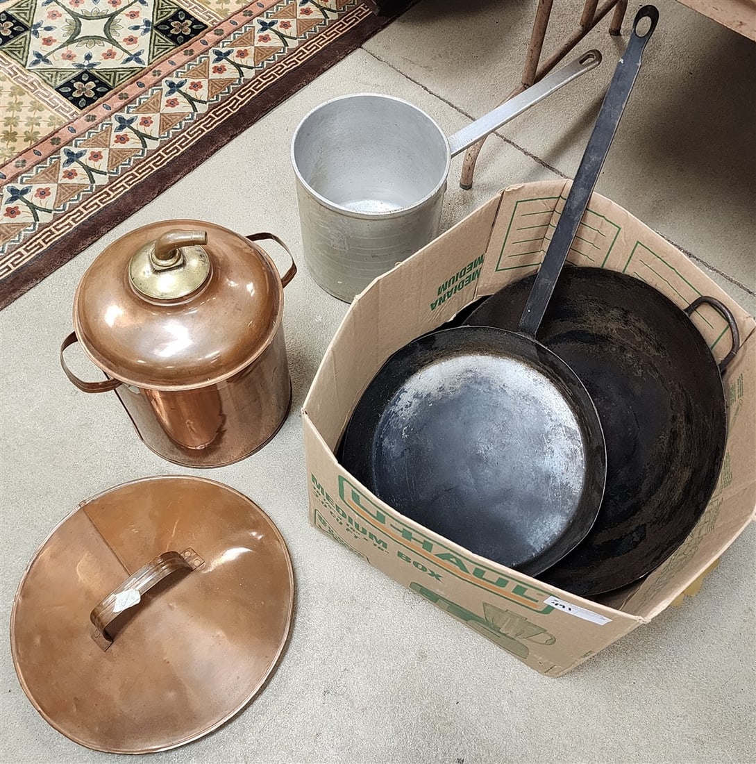 Bx. Metal Items - Wok, Copper Pan, Vintage Copper Boiler, Copper Lid, Etc. + Big Aluminum Commercial: Bx. Metal Items - Wok, Copper Pan, Vintage Copper Boiler, Copper Lid, Etc. + Big Aluminum Commercial Pot