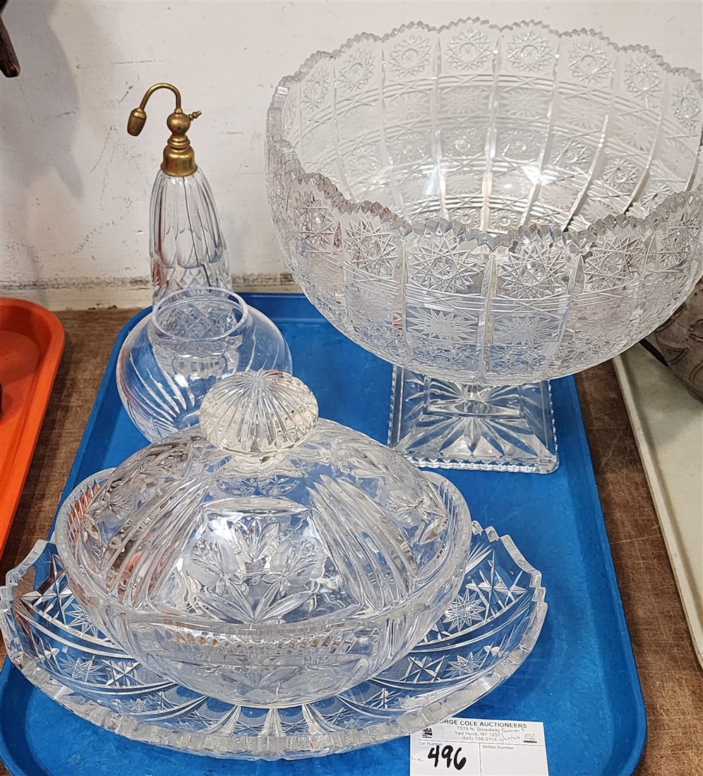 Tray Cut Glass - Punch Bowl 10" H X 11" Diam., Covered Bowl, Atomizer, Etc, (1 of 2)
