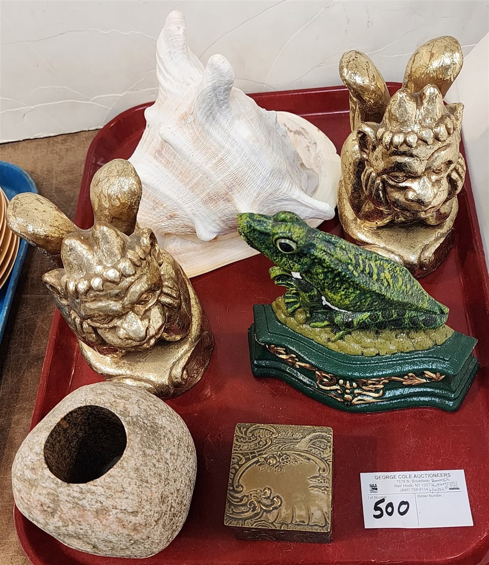Tray Misc. - Cast Cement Gargoyle Bookends 7" H, Cast Iron Frog Door Stop 7", Granite Vase 4 1/2" H (1 of 4)