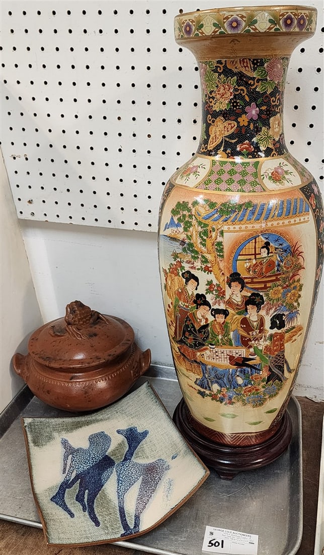 Tray Chinese Porcelian Vase 2' H, Fired Clay Covered Bowl 8" H X 8" Diam., Etc.: Tray Chinese Porcelian Vase 2' H, Fired Clay Covered Bowl 8" H X 8" Diam., Etc.