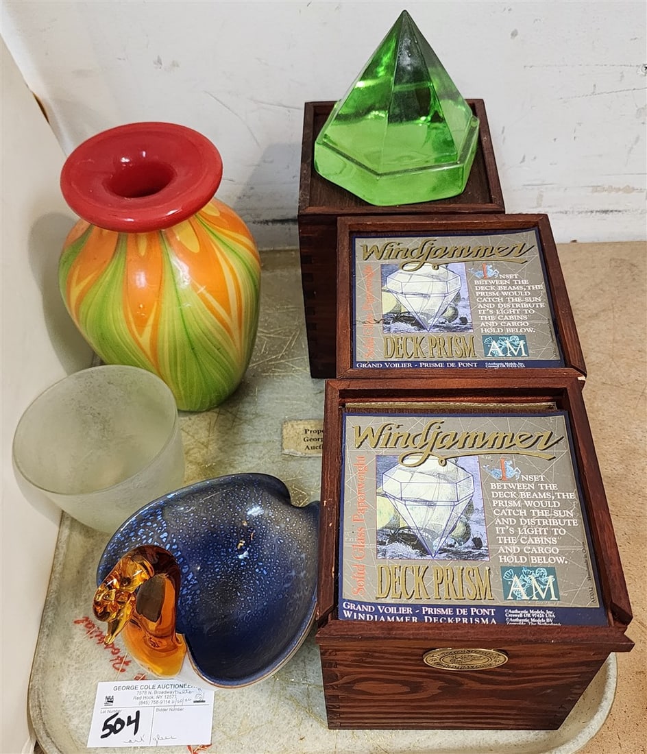 Tray 3 Wind Jammer Deck Prisms, Art Glass Swan Bowl + Art Glass Vase 8" (1 of 2)