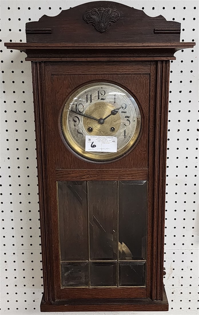Oak Regulator w/Bevelled Glass Leaded Panel 29 1/2" H X 15" W X 8 1/2" D: Oak Regulator w/Bevelled Glass Leaded Panel 29 1/2" H X 15" W X 8 1/2" D