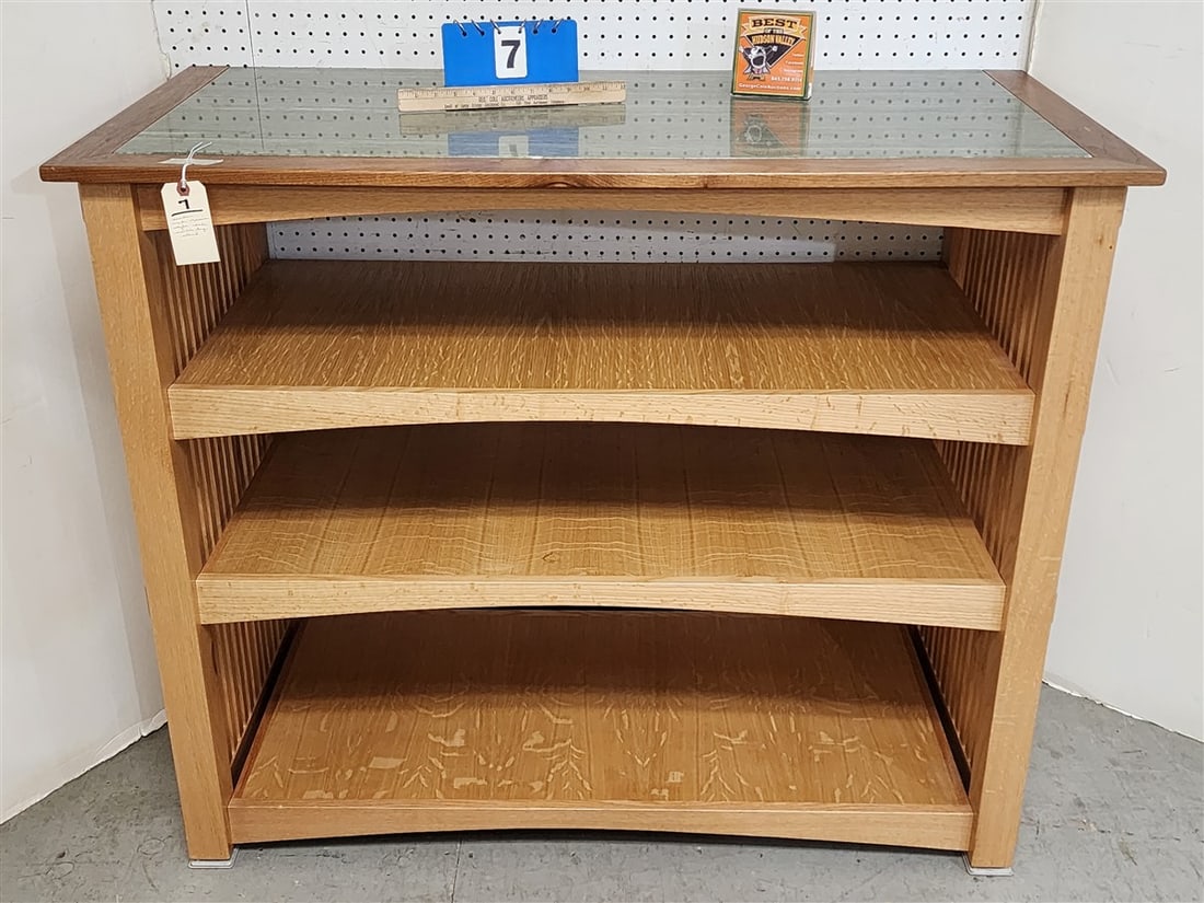 Custom Mission Oak Style 3 Tier Stand w/Marble Top 41" H X 49" W X 24" D: Custom Mission Oak Style 3 Tier Stand w/Marble Top 41" H X 49" W X 24" D