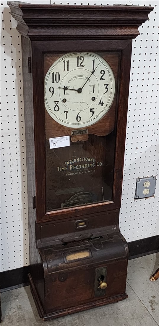 International Time Recording Co. Time Clock In Oak Case 47" H X 17" W X 10 1/2" D: International Time Recording Co. Time Clock In Oak Case 47" H X 17" W X 10 1/2" D