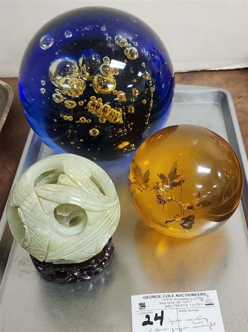 Tray - Art Glass Paperweight 7" Diam., Resin Sphere + Carved Jade Chinese Nesting Spheres 3 1/2" (1 of 3)