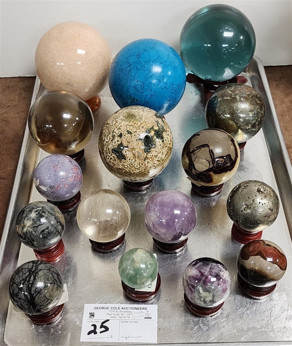 Tray 16 Mineral Spheres On Stands - Blue Obsidian, Turquoise, Picasso Jasper, Flourite, Amethyst, (1 of 9)