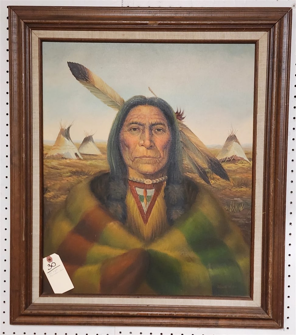 Framed O/C Native American Sgnd Kenneth Su 24" X 20" w/Frame 30" X 26" + Print 'Great Spirit' 13" X (1 of 2)