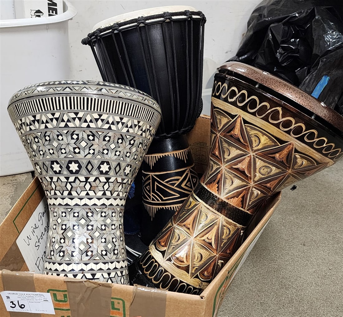 Bx 3 Egyptian Darbuka Drums - 20" H X 10" Diam., 17 1/2" H X 11" Diam. + 17" H X 10 3/4" Diam. (1 of 7)
