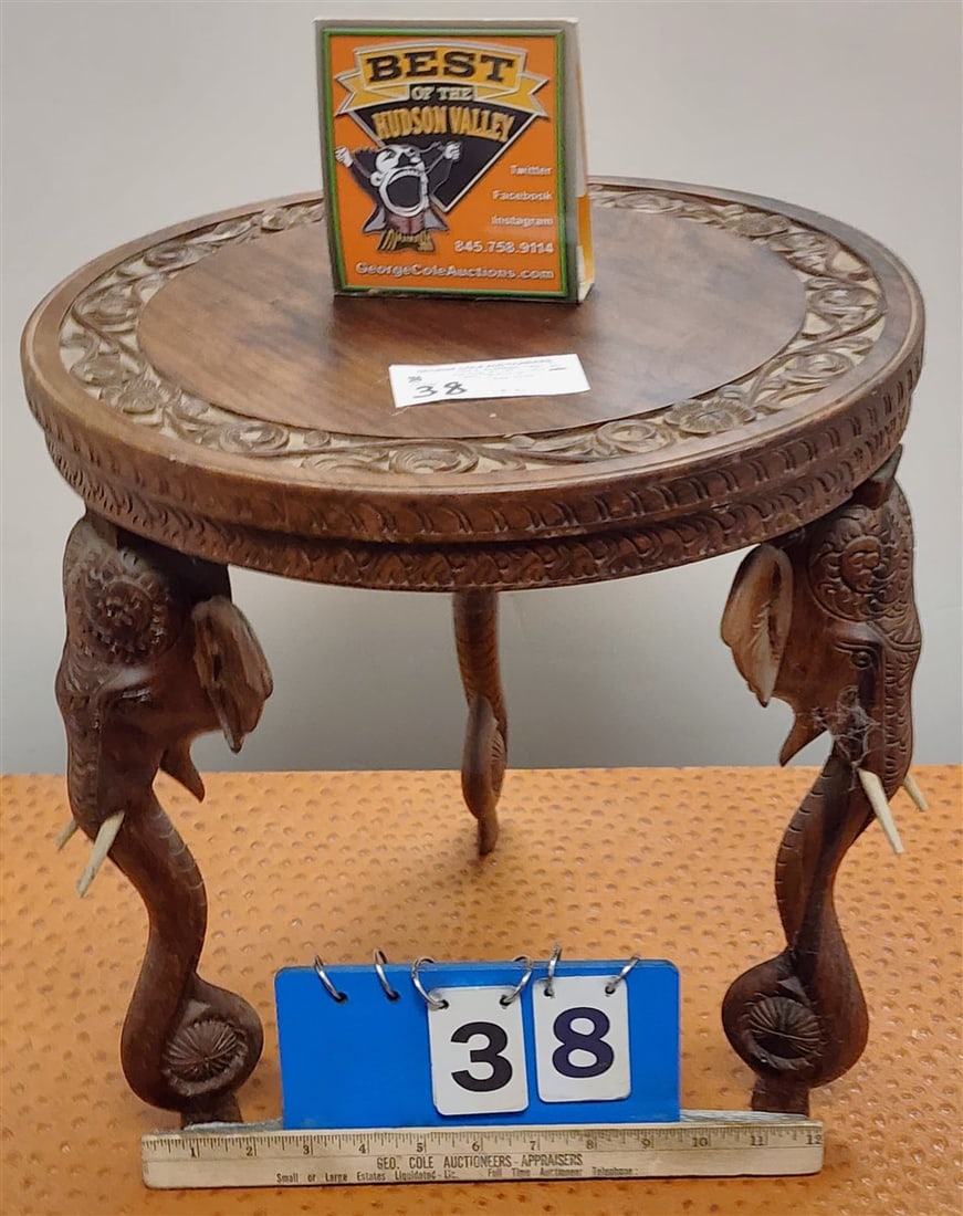 Indo Carved Stool w/Tripod Elephant Legs 15" H X 14 1/2" Diam. (1 of 5)