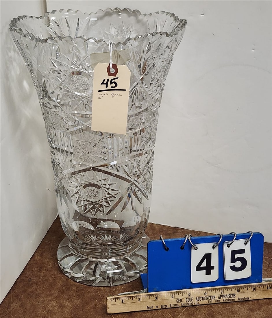 Cut Glass Vase 16" H X 10" Diam.: Cut Glass Vase 16" H X 10" Diam.
