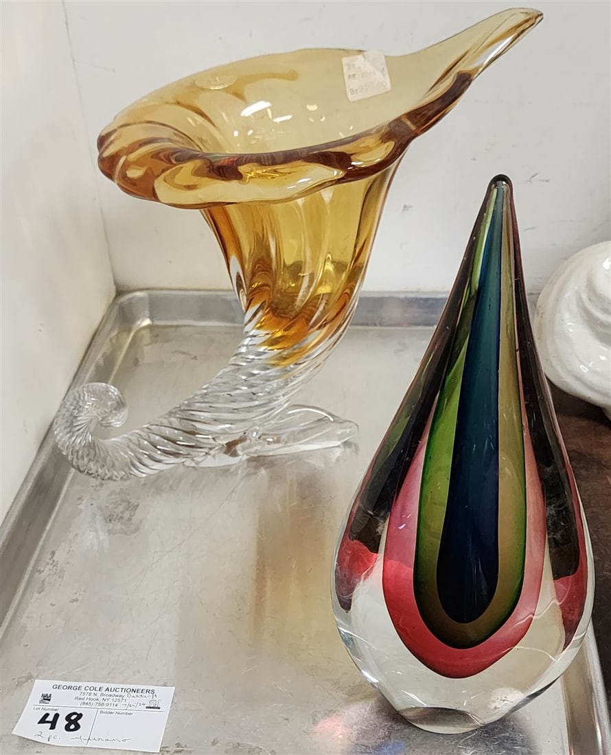 Tray 2 Pcs. Murano Glass - Conucopia 10" H X 12" W X 7" D + Teardrop Sculpture Flabio Poly 11" H: Tray 2 Pcs. Murano Glass - Conucopia 10" H X 12" W X 7" D + Teardrop Sculpture Flabio Poly 11" H