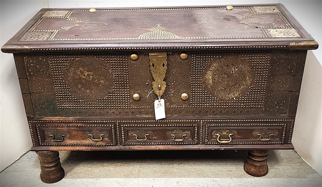 Zanzibar Teak 3 Drawer Chest w/Brass Mounts On The Entire Case - Needs Polishing 29" H X 51" W X 22 (1 of 4)
