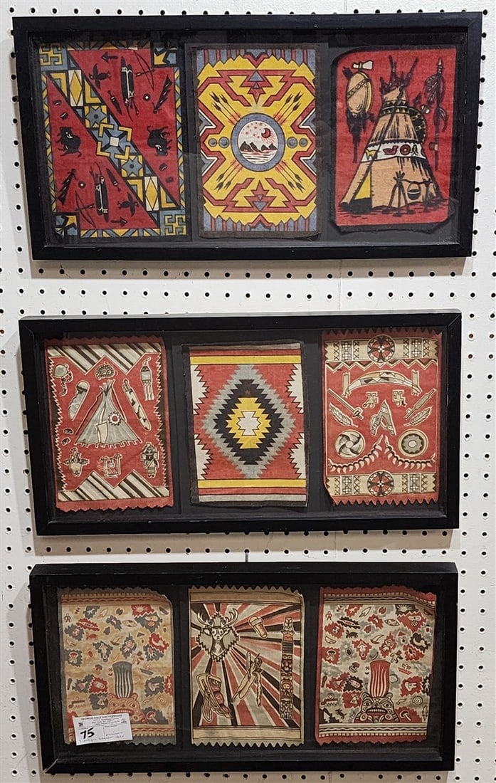 Lot Of 9 Antique Tobacco Premiums In 3 Frames 8 1/2" H X 5 1/2 Ea. w/Frame 11" X 21": Lot Of 9 Antique Tobacco Premiums In 3 Frames 8 1/2" H X 5 1/2 Ea. w/Frame 11" X 21"