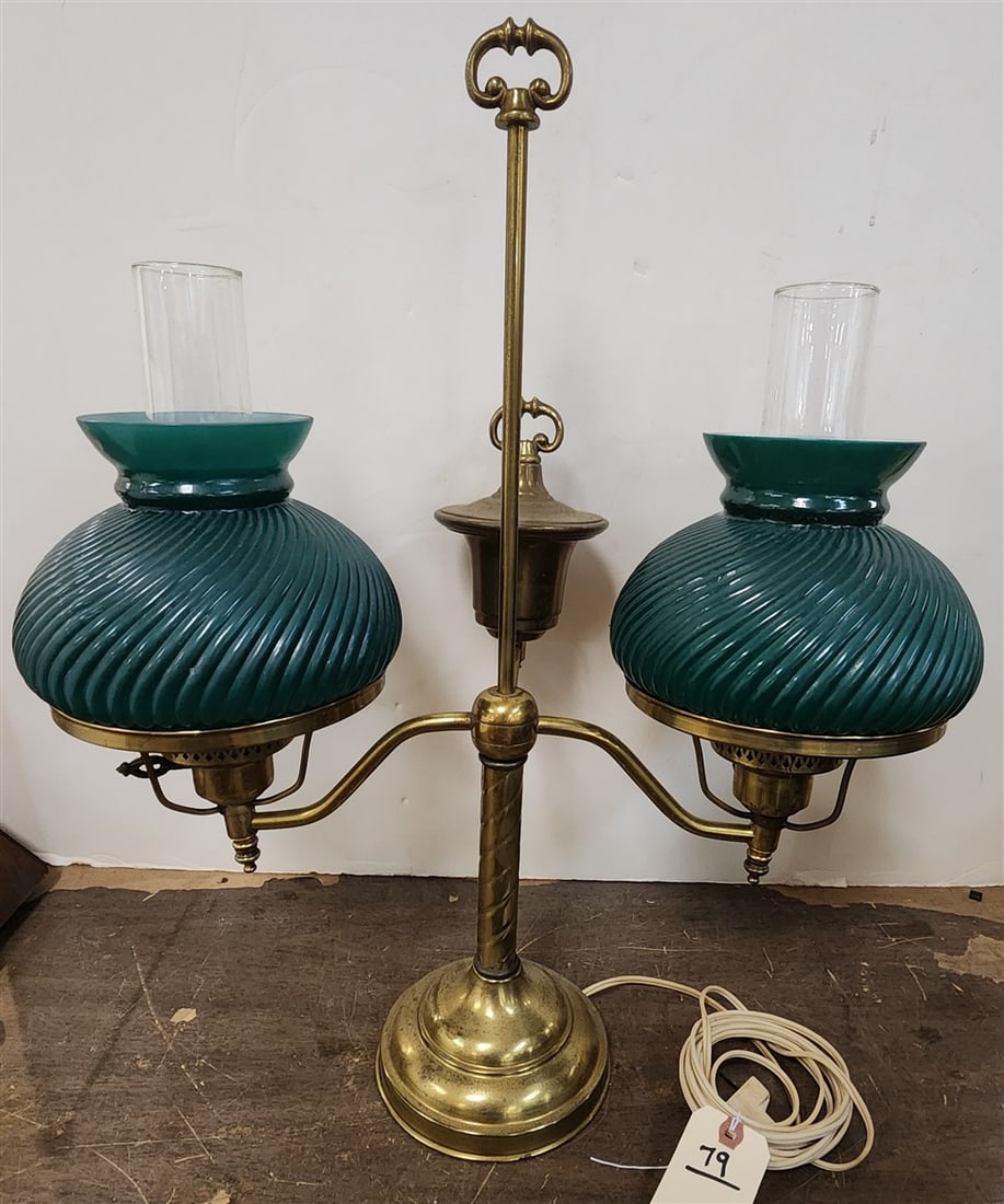 Brass Double Student Lamp w/Green Case Glass Shades 23 1/2" H: Brass Double Student Lamp w/Green Case Glass Shades 23 1/2" H