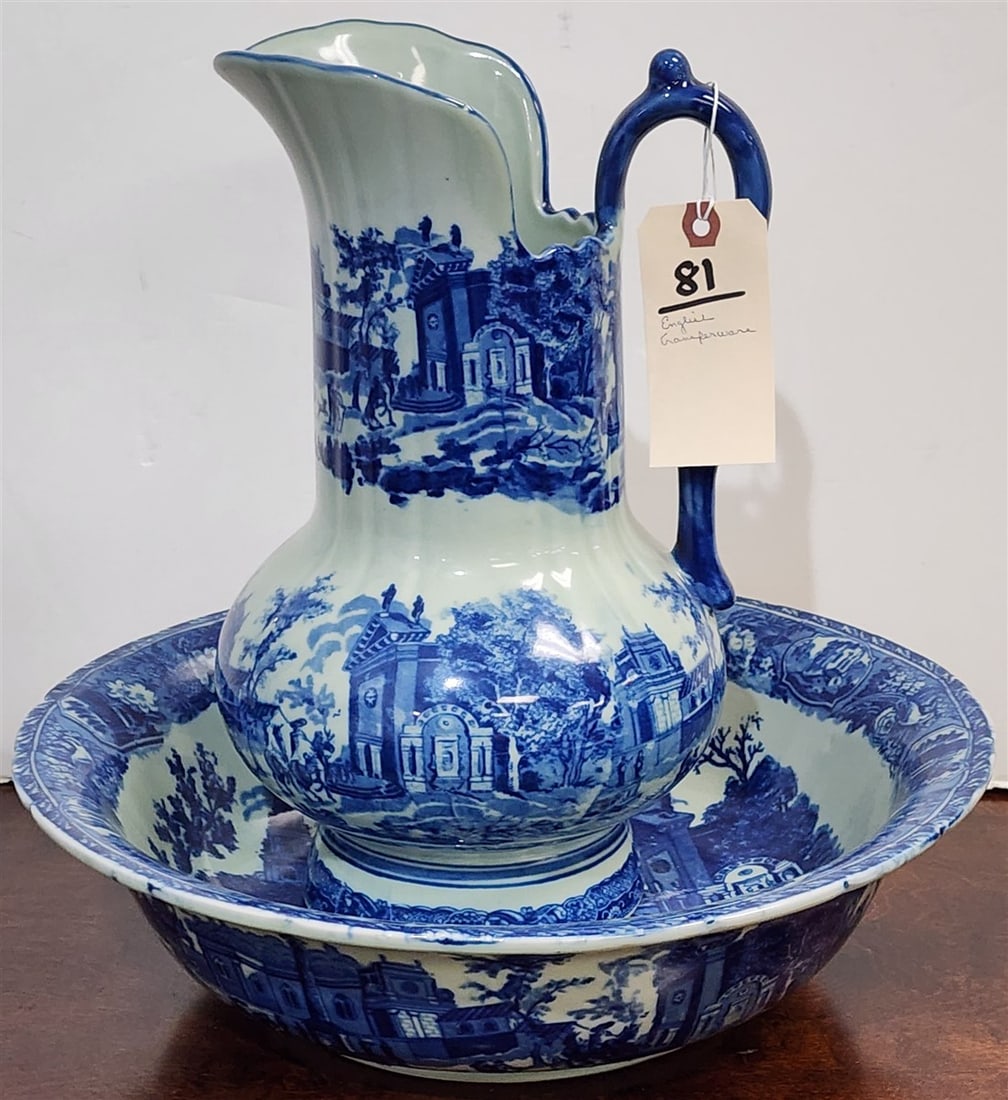 English Blue + White Transferware Pitcher + Bowl - Pitcher 13" H, Bowl 4 1/2" H X 15" Diam.: English Blue + White Transferware Pitcher + Bowl - Pitcher 13" H, Bowl 4 1/2" H X 15" Diam.