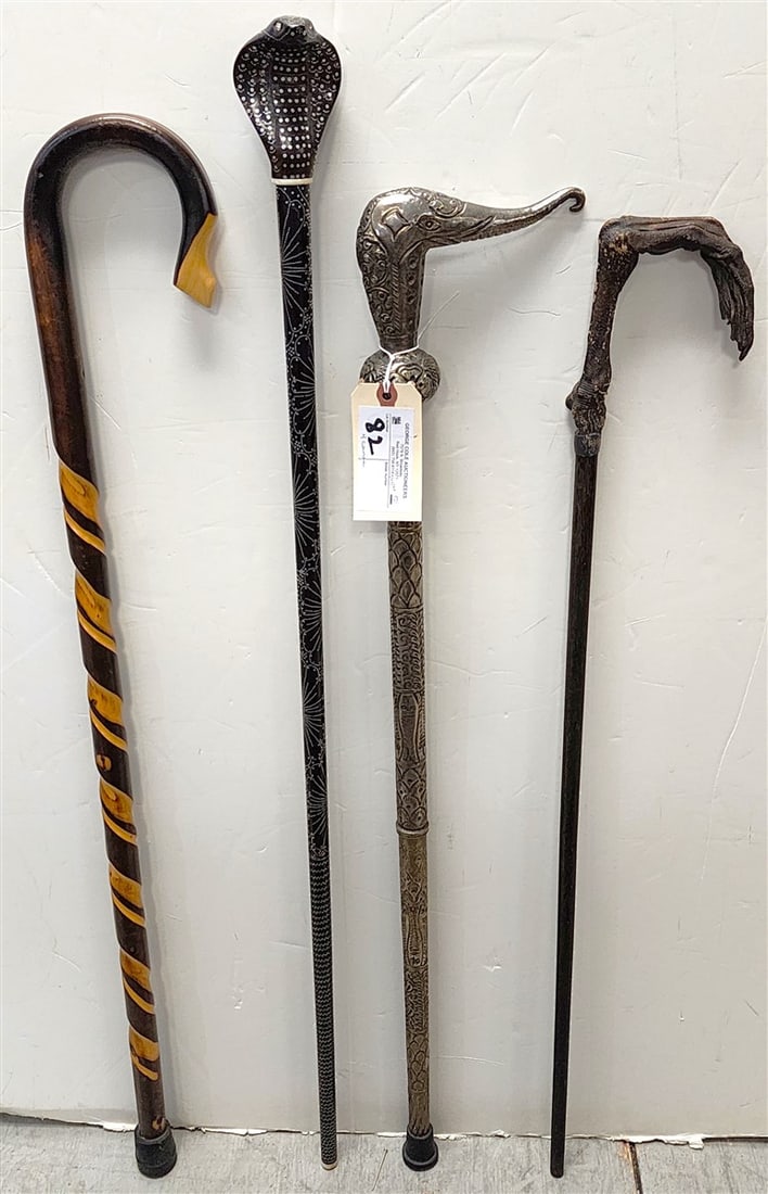 Lot 4 Canes - Real Goose Foot, Carved Cobra Head, Metal Elephant Head Handles: Lot 4 Canes - Real Goose Foot, Carved Cobra Head, Metal Elephant Head Handles