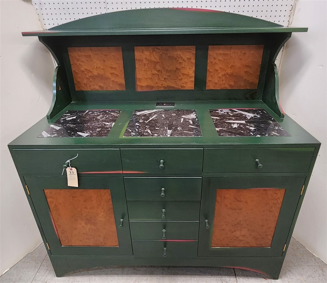 Custom "Coffee Bar" 8 Drawer, 2 Door Sgnd 1995 56" H X 52" W X 24" D w/Orthoceras Fossil Inset: Custom "Coffee Bar" 8 Drawer, 2 Door Sgnd 1995 56" H X 52" W X 24" D w/Orthoceras Fossil Inset Tiles 14" X 12 1/2"