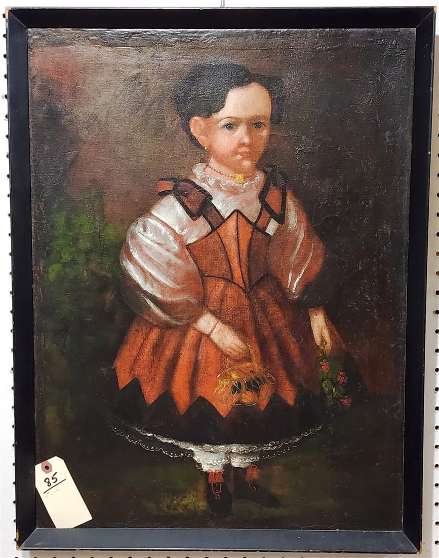 Framed 19th C O/C Of A Girl w/Fruit Basket 25" X 19" w/Frame 26 1/2" X 20 1/2" (1 of 1)