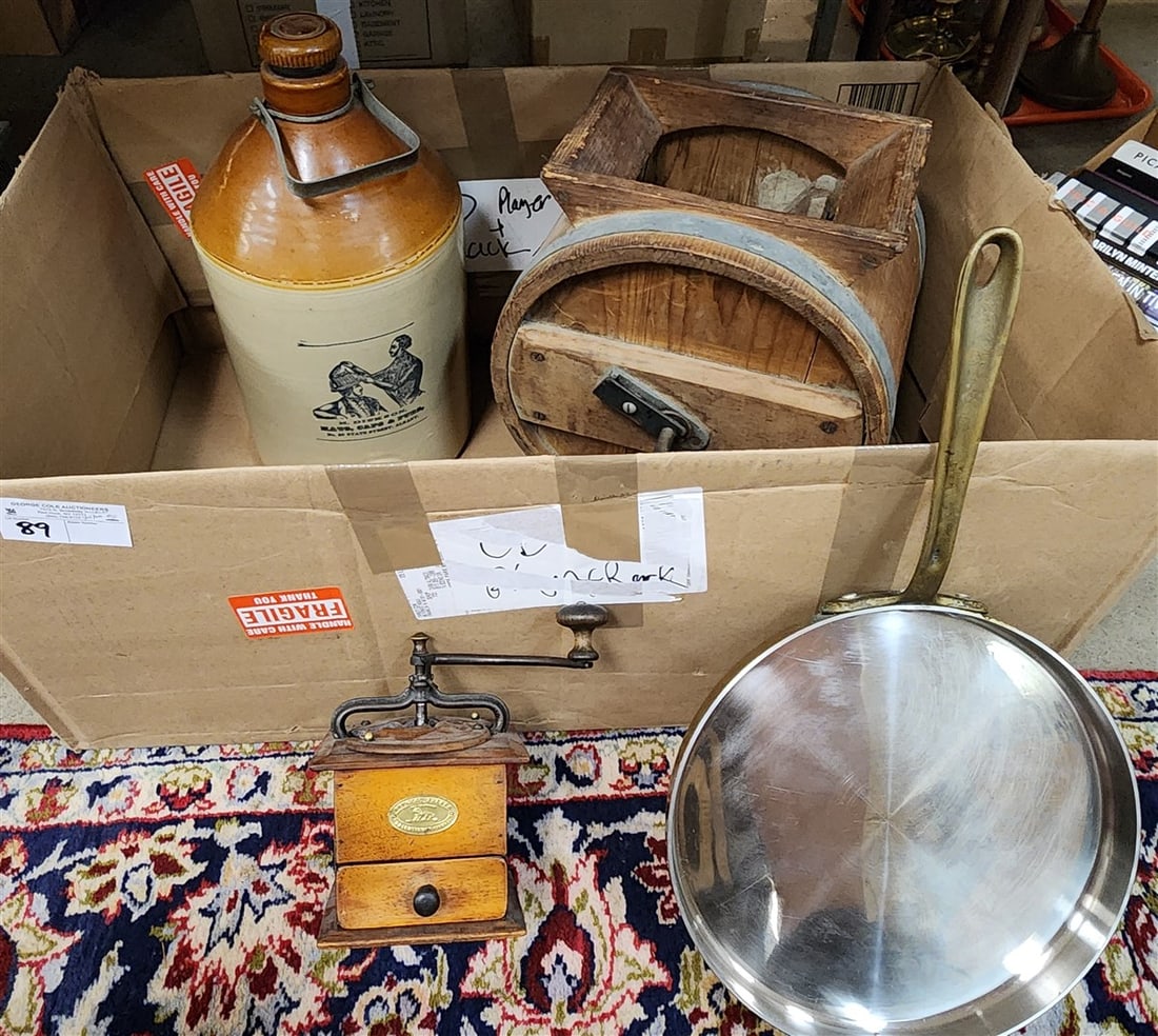 Bx 19th C Butter Churn Peugot Freres Coffee Grinder, Copper Chef Crepe Fry Pan, Stoneware Jug H. (1 of 5)
