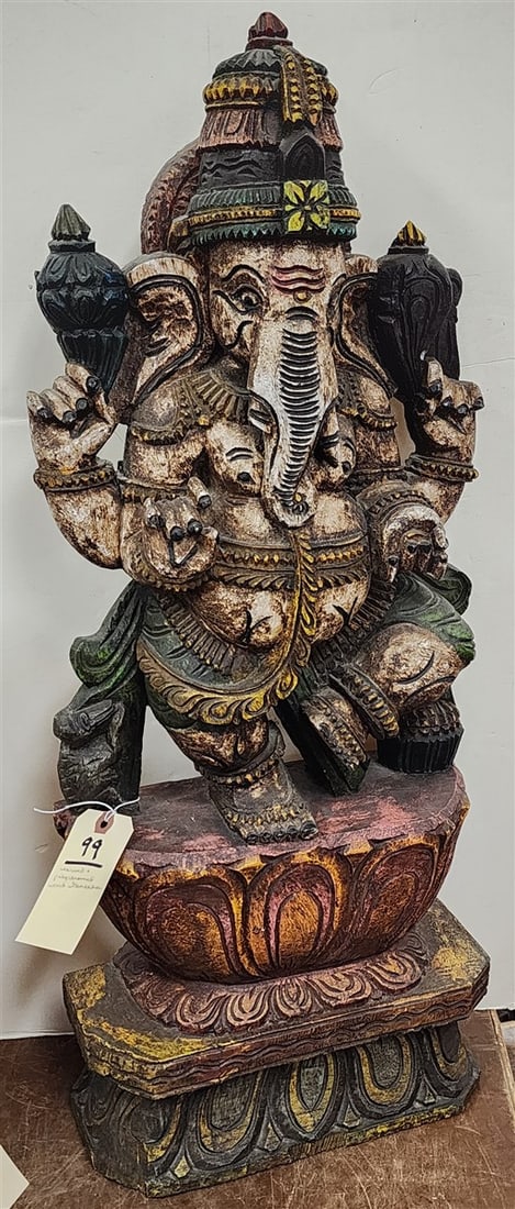 Carved + Polychromed Wood Ganesha 30" H X 12" W X 4 3/4" D: Carved + Polychromed Wood Ganesha 30" H X 12" W X 4 3/4" D